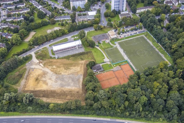 Aerial view, construction site next to the volunteer fire brigade and the Emst district sports