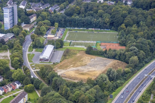 Aerial view, construction site next to the volunteer fire brigade and the Emst district sports