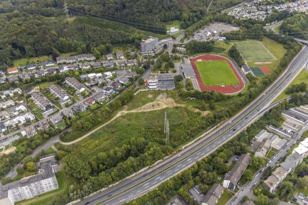Aerial view, fallow land at the Kirchenbergstadion with planned construction of a fitness centre in