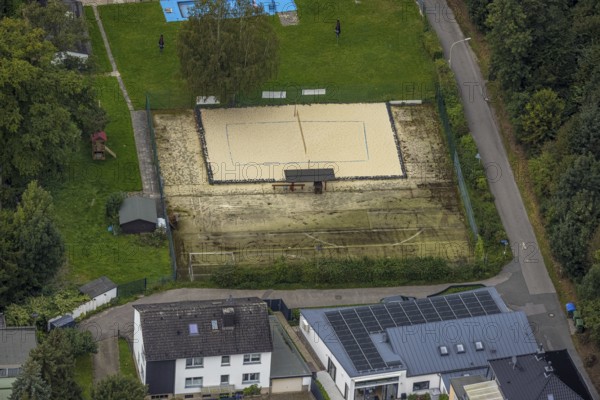 Aerial view, volleyball court at the outdoor swimming pool Henkhausen in the district Hohenlimburg