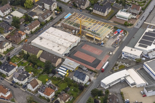 Aerial view, commercial area Elseyer Straße with construction site and new building at Lidl