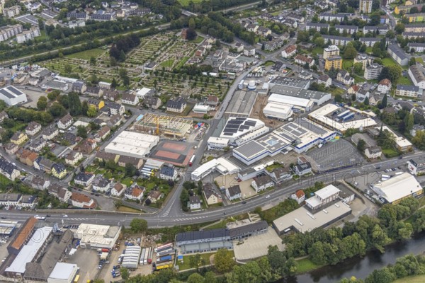 Aerial view, commercial area Elseyer Straße with construction site and new building at Lidl in the