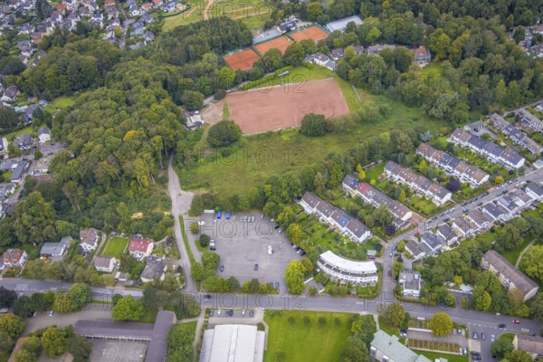 Aerial view, market place Emst at Karl-Ernst-Osthaus-Straße and Loheplatz sports facility in the