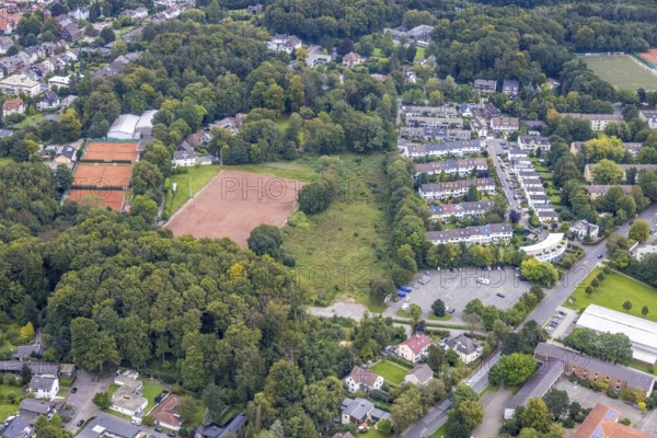 Aerial view, market place Emst at Karl-Ernst-Osthaus-Straße and Loheplatz sports facility in the