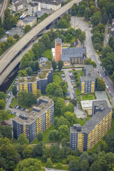 Aerial view, high-rise buildings and Catholic Church of the Sacred Heart of Jesus in the Eilpe