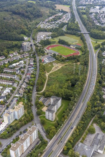 Aerial view, fallow land at the Kirchenbergstadion with planned construction of a fitness centre in