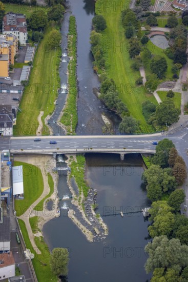 Aerial view, bridge of the federal road B7 Stennenstraße over the river Lenne with white water