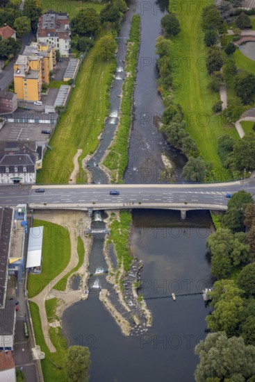 Aerial view, bridge of the federal road B7 Stennenstraße over the river Lenne with white water