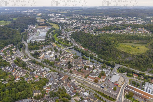 Aerial view, town view with Lenne bridge and river Lenne and quarry Hagen-Hohenlimburg in the