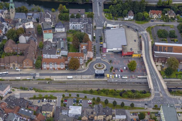 Aerial view, roundabout and shopping centre Bahnstraße in the district Hohenlimburg in Hagen, Ruhr