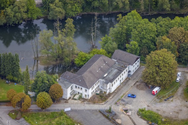 Aerial view, construction site Der Langenkamp between the river Lenne and railway tracks for a new