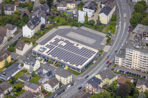 Aerial view, Aldi supermarket with solar roof on Esserstrasse in the Hohenlimburg district, Hagen,