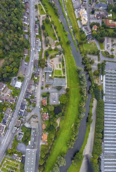 Aerial view, river Lenne at Lennepark and Richard-Römer-Lennebad in the district Hohenlimburg in