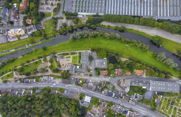 Aerial view, river Lenne at Lennepark and Richard-Römer-Lennebad in the district Hohenlimburg in