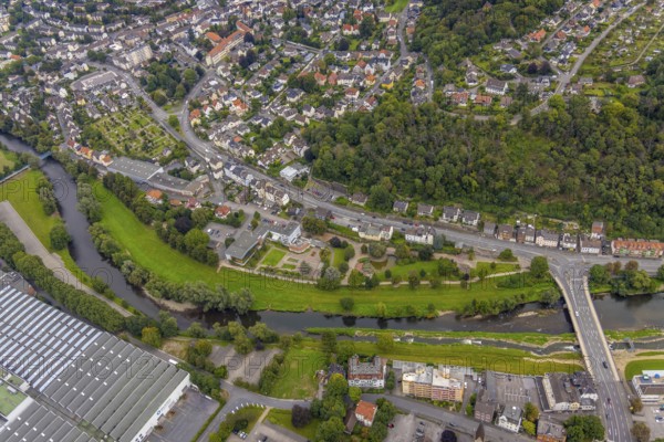 Aerial view, river Lenne at Lennepark and Richard-Römer-Lennebad in the district Hohenlimburg in
