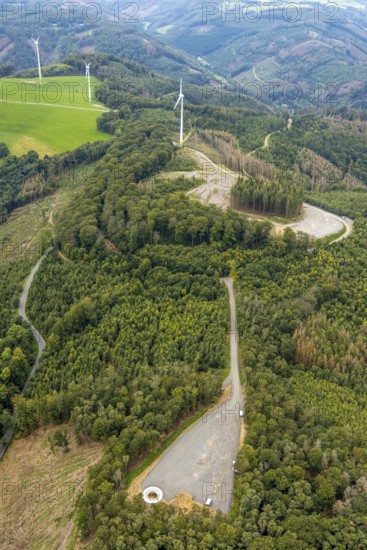 Aerial view, forest area with planned wind turbine construction in Veserde in