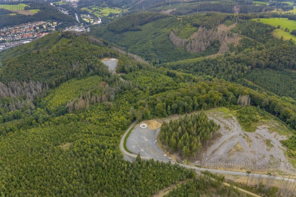 Aerial view, forest area with planned wind turbine construction in Veserde in