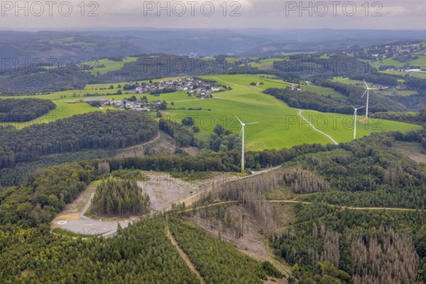 Aerial view, forest area with planned wind turbine construction in Veserde in