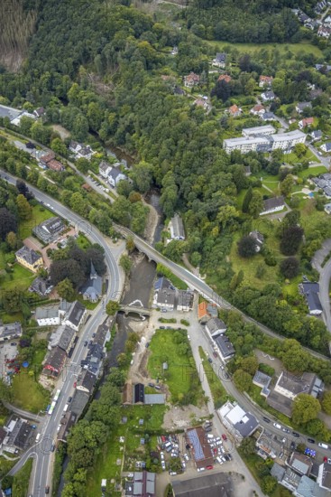 Aerial photo, flood protection at the Volme bridge and railway bridge in the district of Dahl in