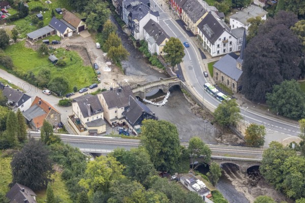 Aerial photo, flood protection at the Volme bridge and railway bridge in the district of Dahl in
