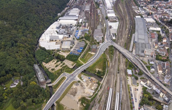 Aerial view, Westside City construction area and construction site between new road with river