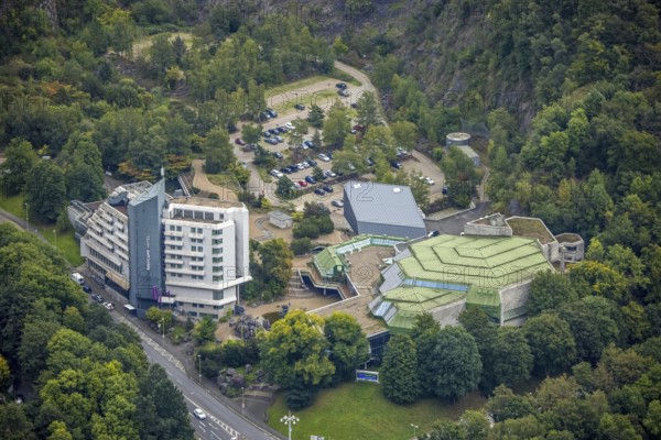 Aerial view, congress and event park civic hall Hagen with the Mercure Hotel in the district
