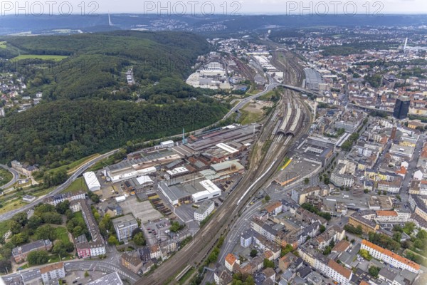 Aerial view, Deutsche Edelstahlwerke Schwanenstraße at Hagen main station and forest area