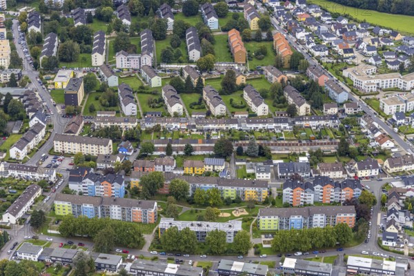 Aerial view, colourful house facades of the GWG housing estate on the street Am Quambusch in the