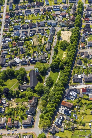 Aerial view, park with playground and football pitch at the Römerstraße, catholic parish church St.