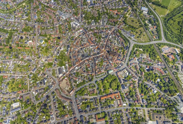 Aerial view, old town with catholic St.Sixtus-Kirche, Altstadring, town hall Haltern am See,