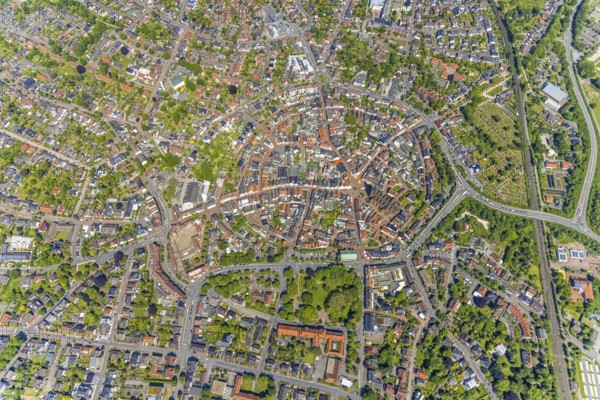 Aerial view, old town with catholic St.Sixtus-Kirche, Altstadring, town hall Haltern am See,