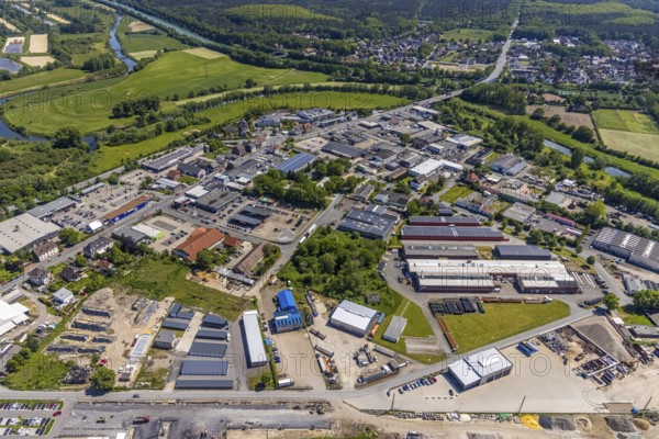 Aerial view, industrial estate south Recklinghäuser Straße, river Lippe with Lippebogen, canal