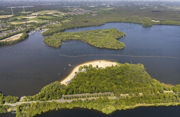 Aerial view, preparation for the bathing season, Haltern reservoir, Haltern south beach with sandy