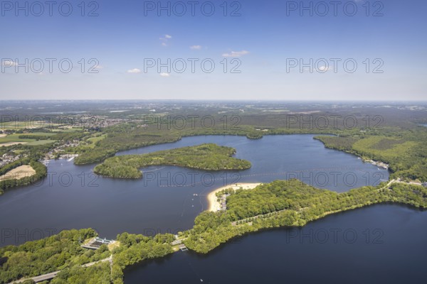 Aerial view, preparation for the bathing season, Haltern reservoir, Haltern south beach with sandy
