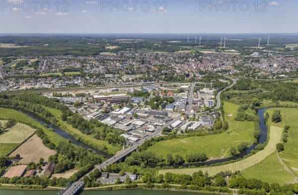 Aerial view, industrial estate south Recklinghäuser Straße, river Lippe with Lippebogen, canal