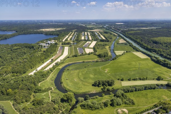 Aerial view, Gelsenwasser AG waterworks Haltern, filter basin, Haltern reservoir south basin, river