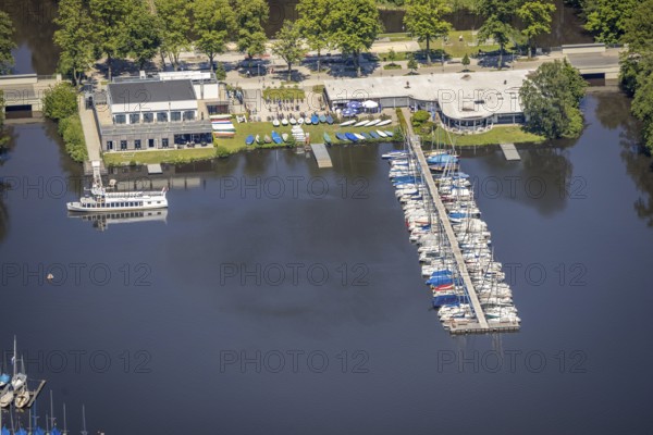 Aerial view, Halterner Stausee Mühlenbach, Strandallee, boat landing stage, restaurant Seeblick and