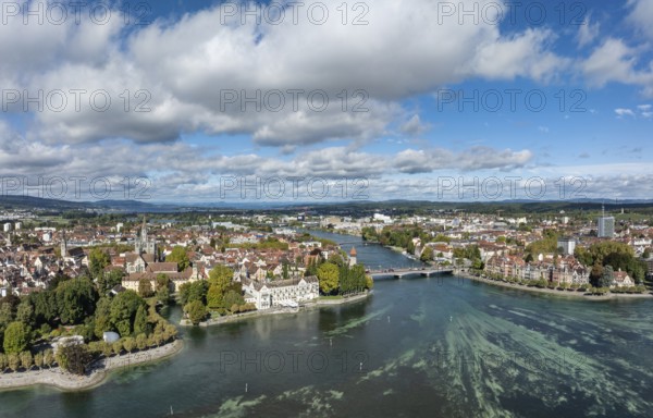 Aerial view, panorama of Lake Constance with the Seerhein, also Rhine funnel and the old town of