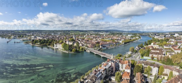 Aerial view, panorama of Lake Constance and the Seerhein also Rhine funnel with the city of