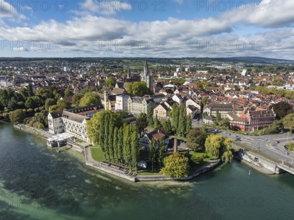 Aerial view of Lake Constance with the Seerhein, also Rhine funnel and the old town of Constance,