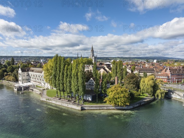 Aerial view of Lake Constance with the Seerhein, also Rhine funnel and the old town of Constance,