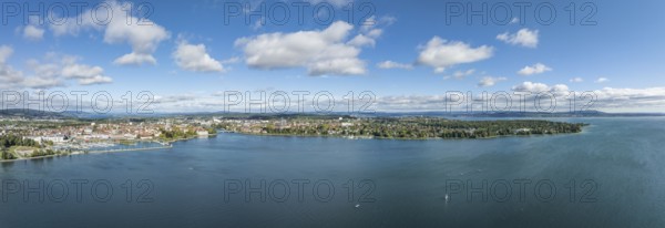 Aerial view, panorama of Lake Constance and the Seerhein including the Rhine funnel with the city