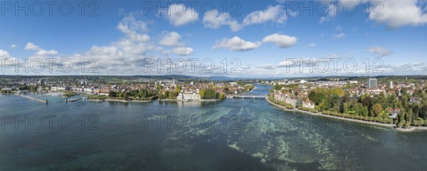 Aerial view, panorama of Lake Constance and the Seerhein including the Rhine funnel with the city