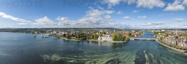 Aerial view, panorama of Lake Constance and the Seerhein including the Rhine funnel with the city