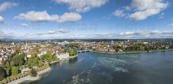 Aerial view, panorama of Lake Constance and the Seerhein including the Rhine funnel with the city