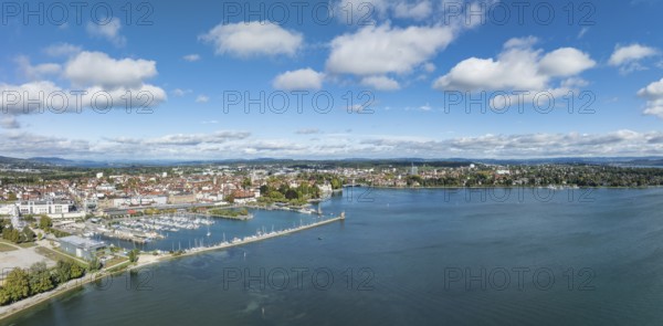 Aerial view, panorama of Lake Constance and the Seerhein including the Rhine funnel with the city
