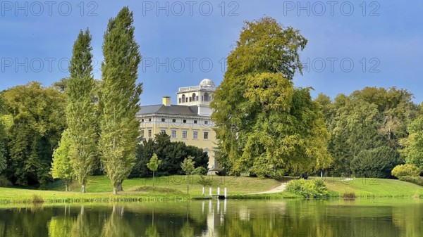 Wörlitz Park with a view of Wörlitz Palace, church, Dessau-Wörlitz Garden Kingdom, Unesco World