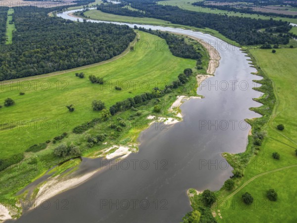 River Elbe, Middle Elbe, aerial view, meander, river course, groynes, sunrise in the Elbe