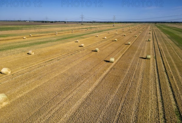 DefaultArable land after harvest, hay bales, straw bales temporarily stored on field, baler,