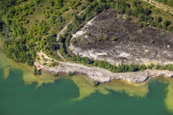 Aerial view, rocky beach at Silbersee II, Lehmbraken, Haltern am See, Ruhr area, North